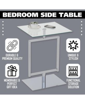 Side End Table with Metal Base and Tempered Glass Top