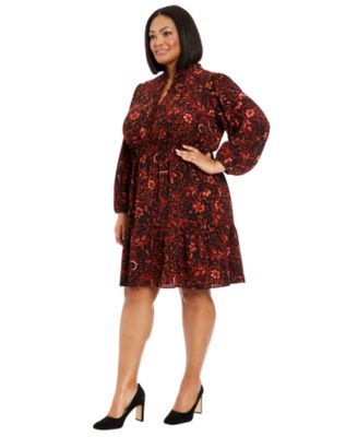 Plus Size Long-Sleeve Printed Chiffon Dress