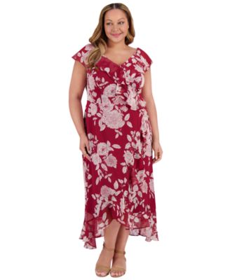London Times - Plus Size Ruffled Floral-Print Faux-Wrap Dress