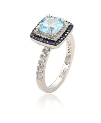 Suzy Levian Sterling Silver Cushion Cut Topaz and Sapphire Double Halo Ring