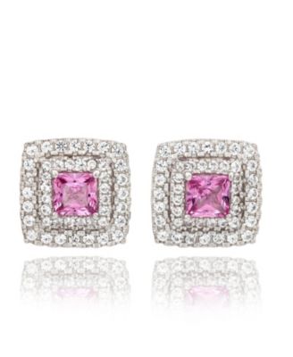 Suzy Levian Sterling Square Cut Sapphire & Created Sapphire Double Halo Stud Earrings