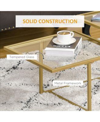 38" 2 Glass End Table, Living Room Table w/ Metal Frame,