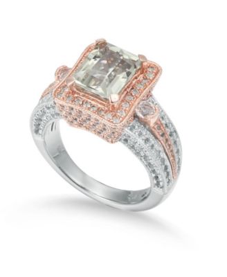 Suzy Levian Two-Tone Sterling Emerald Cut Center Topaz Cocktail Milano Ring