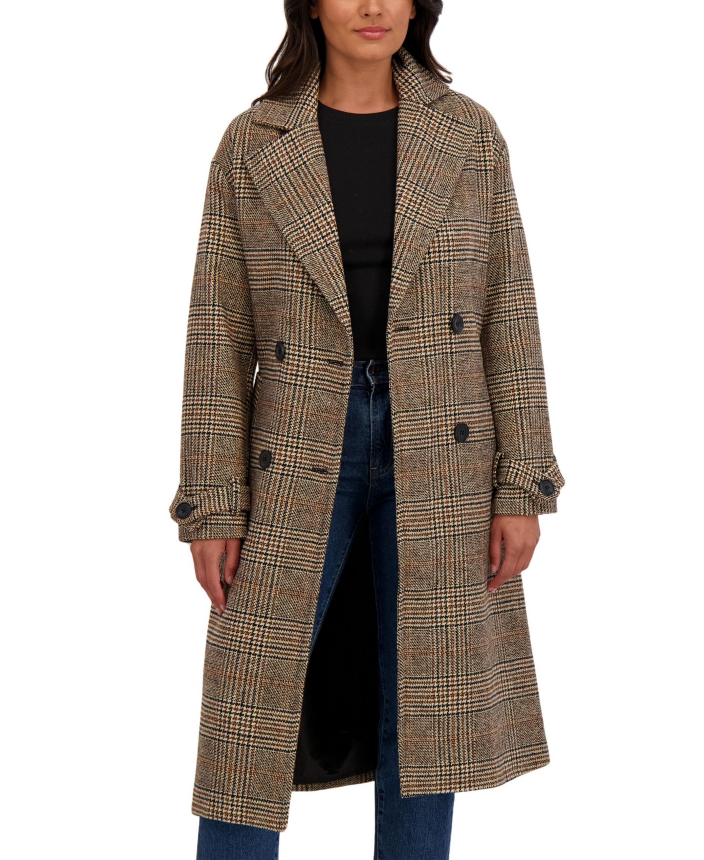 Женское пальто Sebby Collection Long Belted Oversized Double Breasted Faux Wool, цвет: Коричневый / Чёрный — фото 5