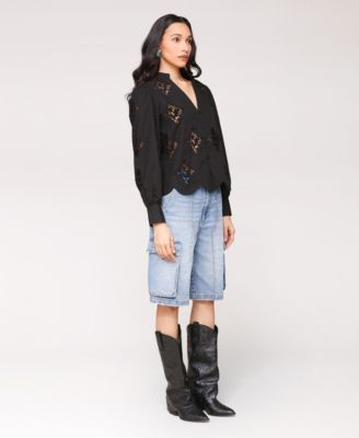 Women's Puff Sleeve Cropped Lace Scallop Button Up Blouse