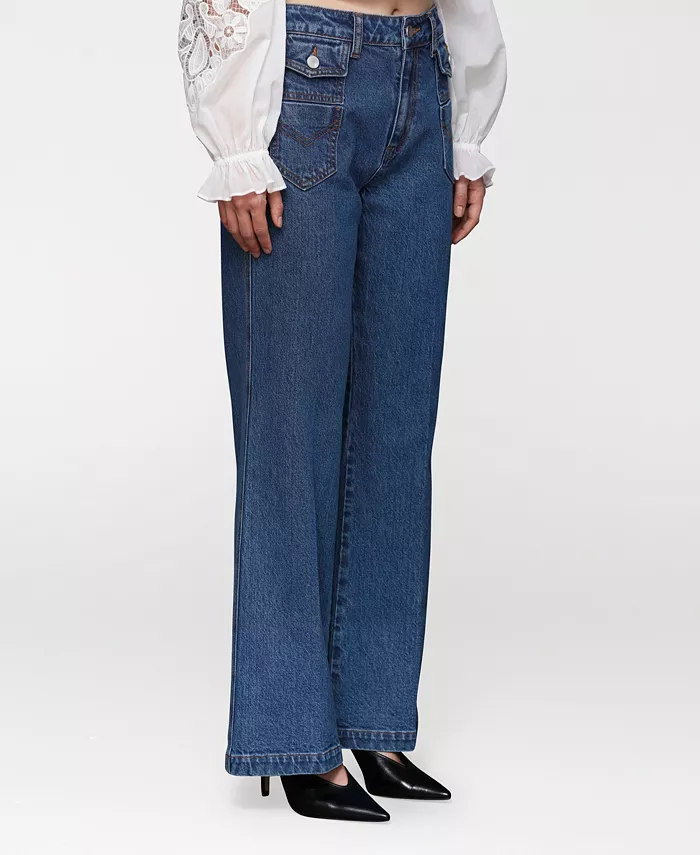 Women's Flare Leg Patch Pocket Denim Jeans - thumbnail 2