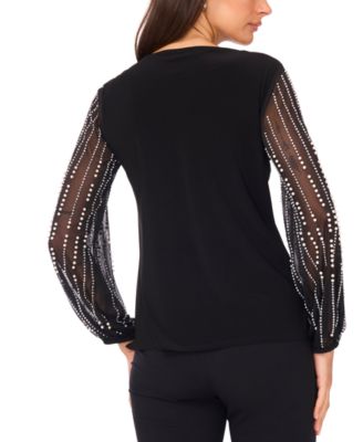 Women's V-Neck Beaded Long Sleeve Top