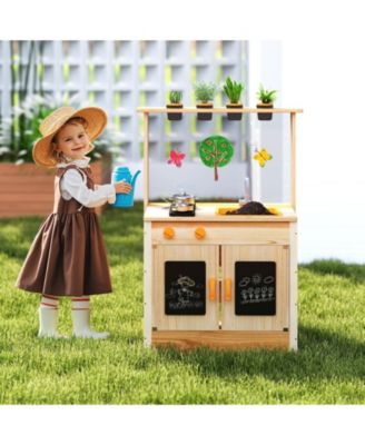 Kids Mud Kitchen Fir Wood Playset with Planting Pots and Blackboards