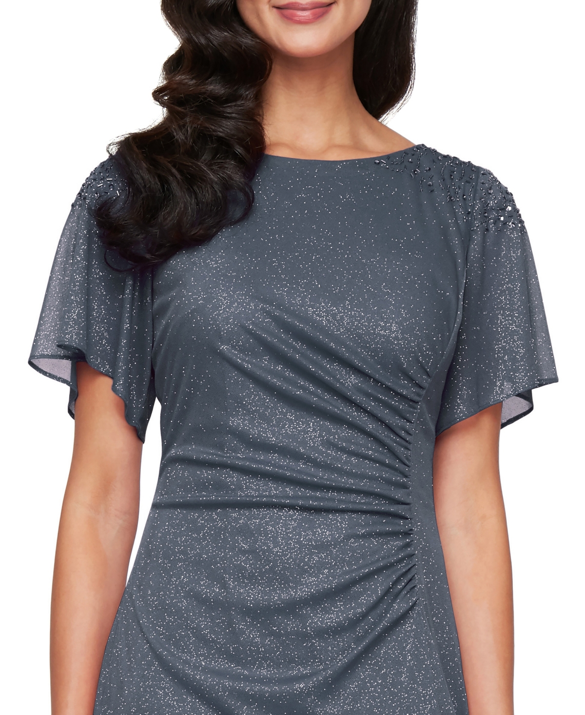 Sl Fashions Sparkle Embellished Shoulder Gown In Gray
