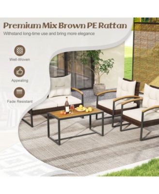 Set Of 4 Patio Conversation Set w/ Coffee Table Solid Acacia Wood Armrests Tabletop