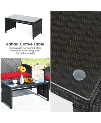 4PCS Rattan Outdoor Conversation Set Patio Furniture Set w/ Red Cushions