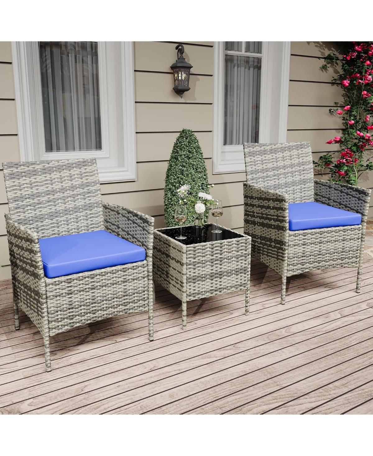 gaomon 3 Piece Grey Pe Rattan Patio Conversation Set with 2 Chairs & Coffee Table, Outdoor Furniture for Patio, Porch, Balcony