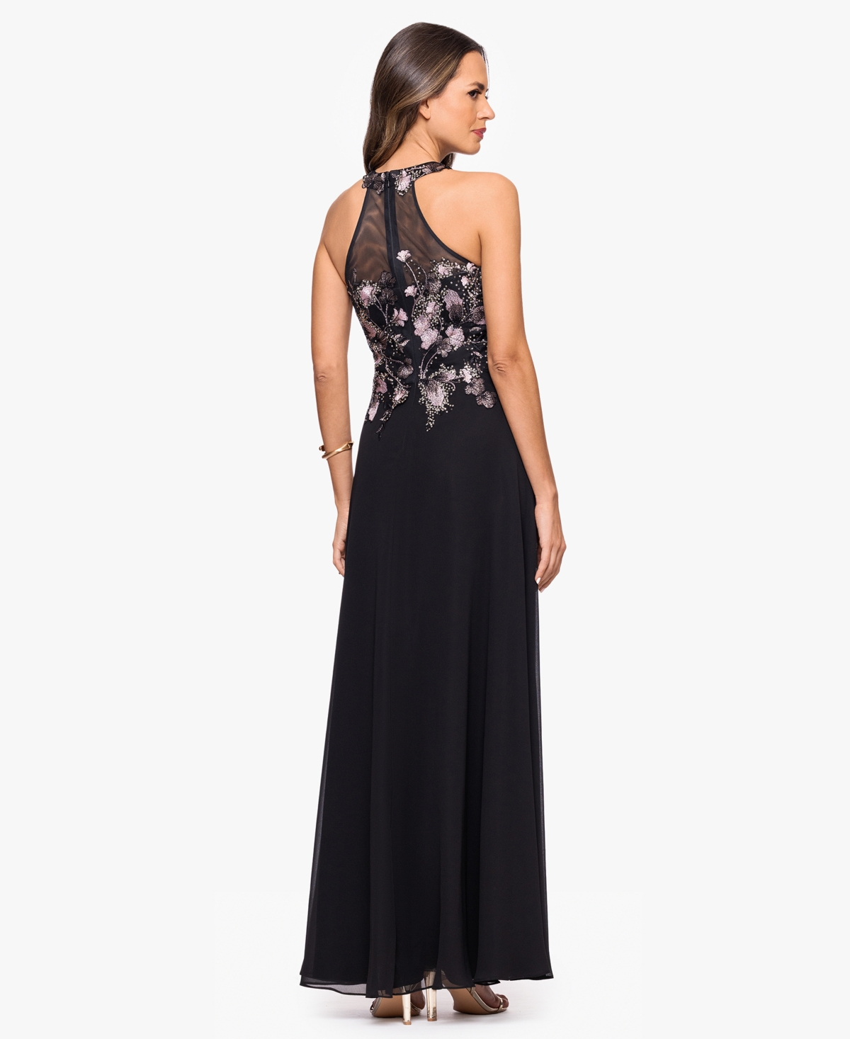 Betsy & Adam Metallic Embroidery Chiffon Gown In Black