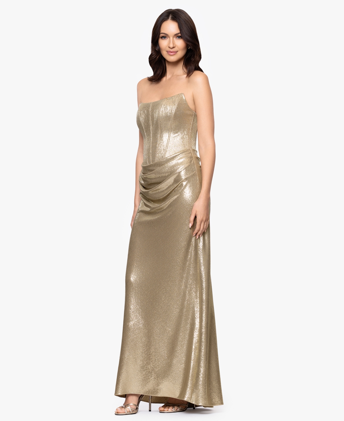 Betsy & Adam Metallic Strapless Gown In Brown
