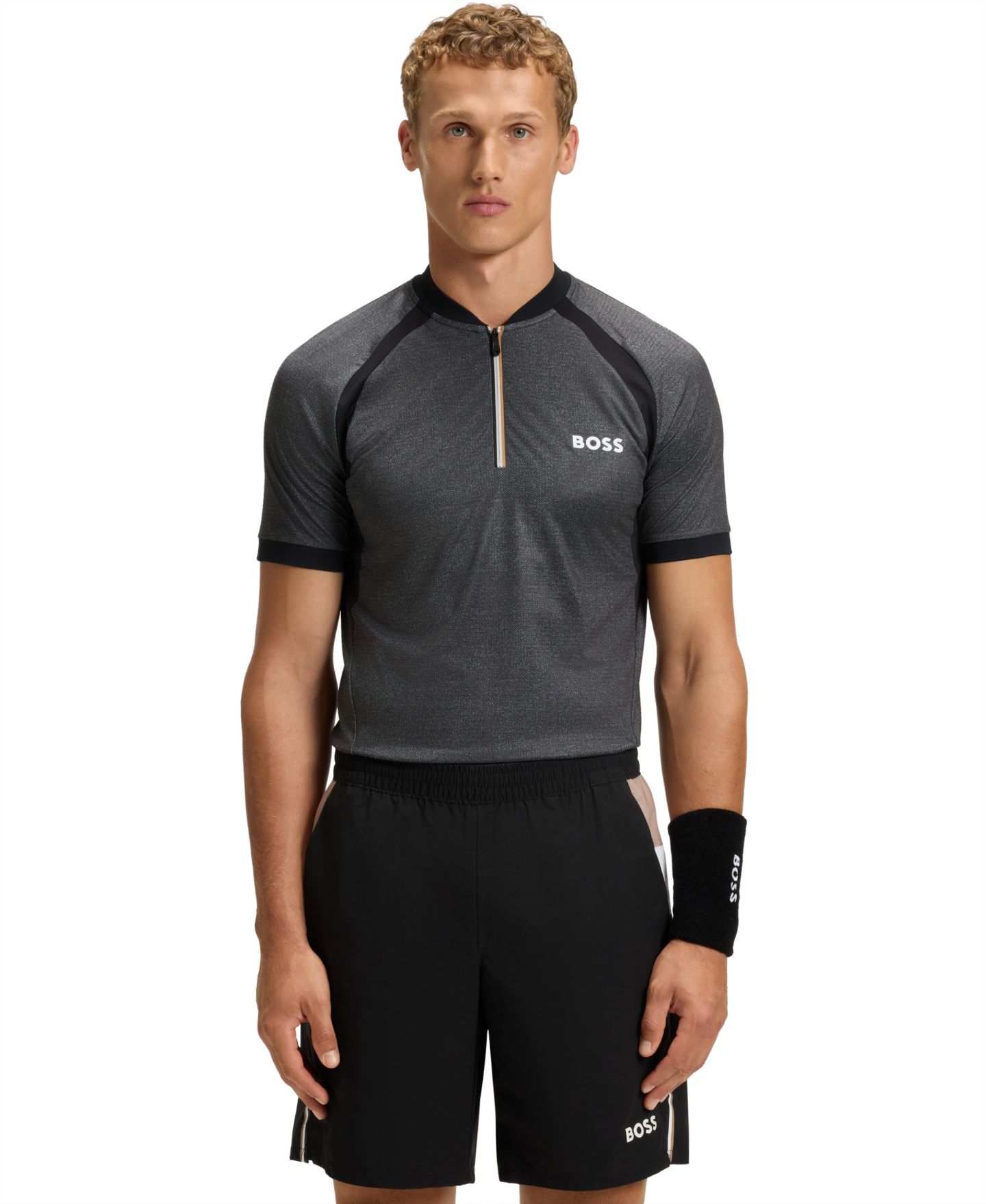Мужское поло Hugo Boss Jersey Zip-Neck Slim-Fit Polo Shirt, цвет: Чёрный — фото 1