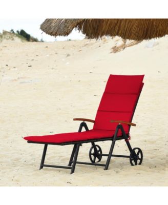 Folding Patio Rattan Lounge Chair Chaise Aluminum W/ Wheel & Red Cushion