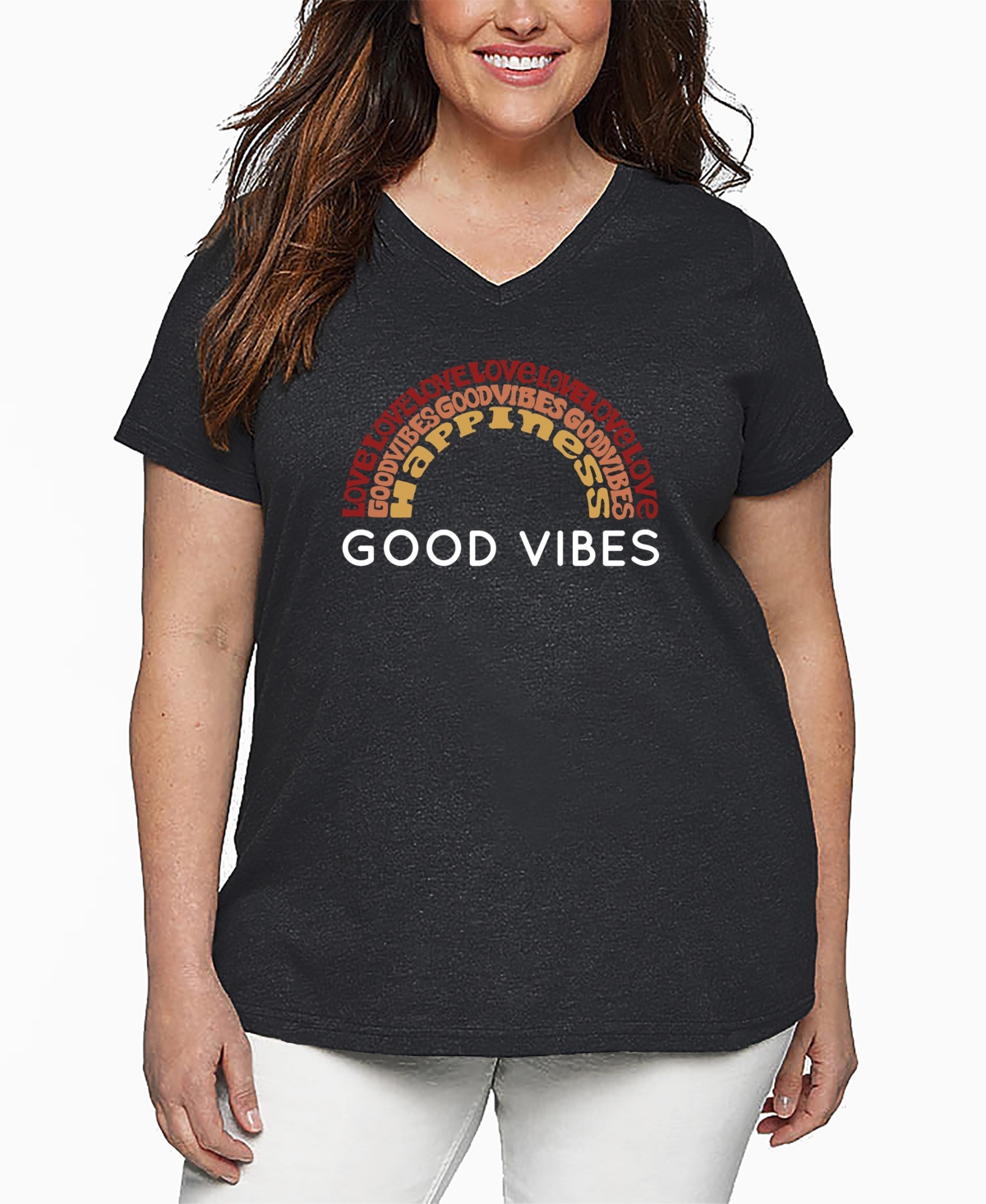 La Pop Art Plus Size Good Vibes Word Art V-neck T-shirt In Gray