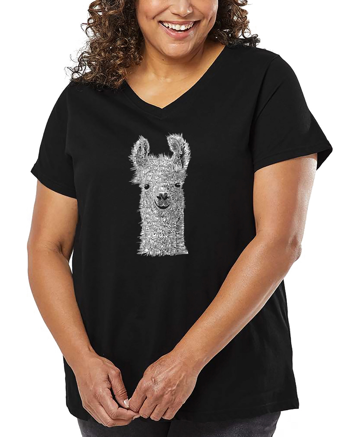 La Pop Art Plus Size Llama Word Art V-neck T-shirt In Black