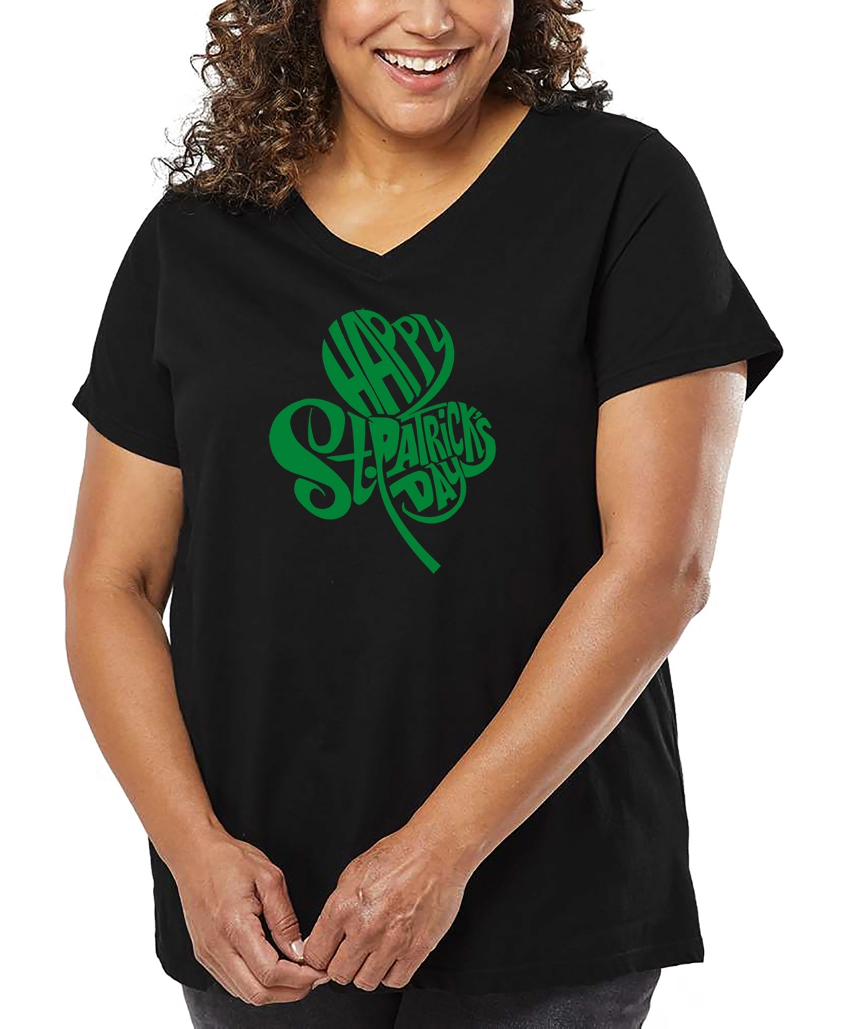 La Pop Art Plus Size St. Patrick's Day Shamrock Word Art V-neck T-shirt In Black