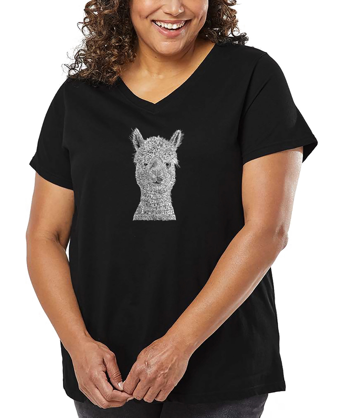 La Pop Art Plus Size Alpaca Word Art V-neck T-shirt In Black
