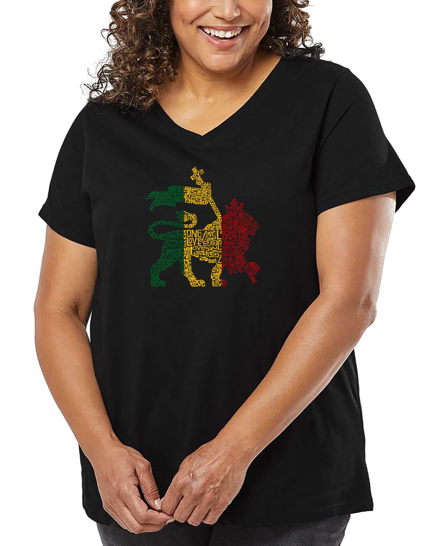 Plus Size Rasta Lion - One Love Word Art V-Neck T-Shirt