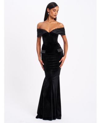 Women Qamra Black Velvet Off Shoulder Mermaid Maxi Dress