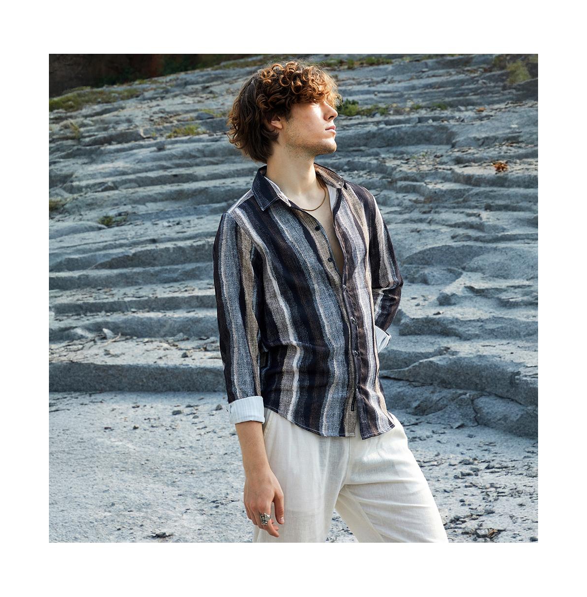 Campus Sutra Men's Prussian Blue & Ash Brown Brushed-Stripe Shirt