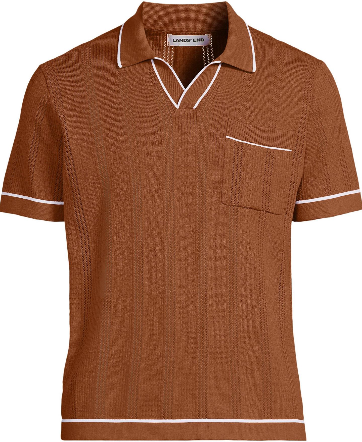 Мужские топы Lands' End Short Sleeve Textured Tipped Sweater Polo, цвет: Имбирный коричневый — фото 2