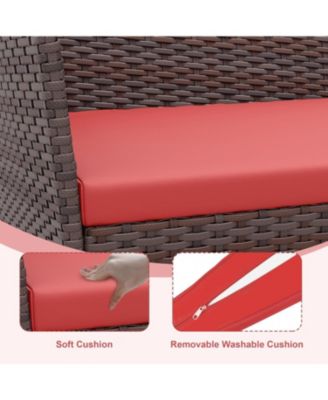 4 Pieces Brown/Red Rattan Outdoor Patio Furniture Set with Upholstered Sofa, 2 Chairs & Coffee Table for Backyard & Porch