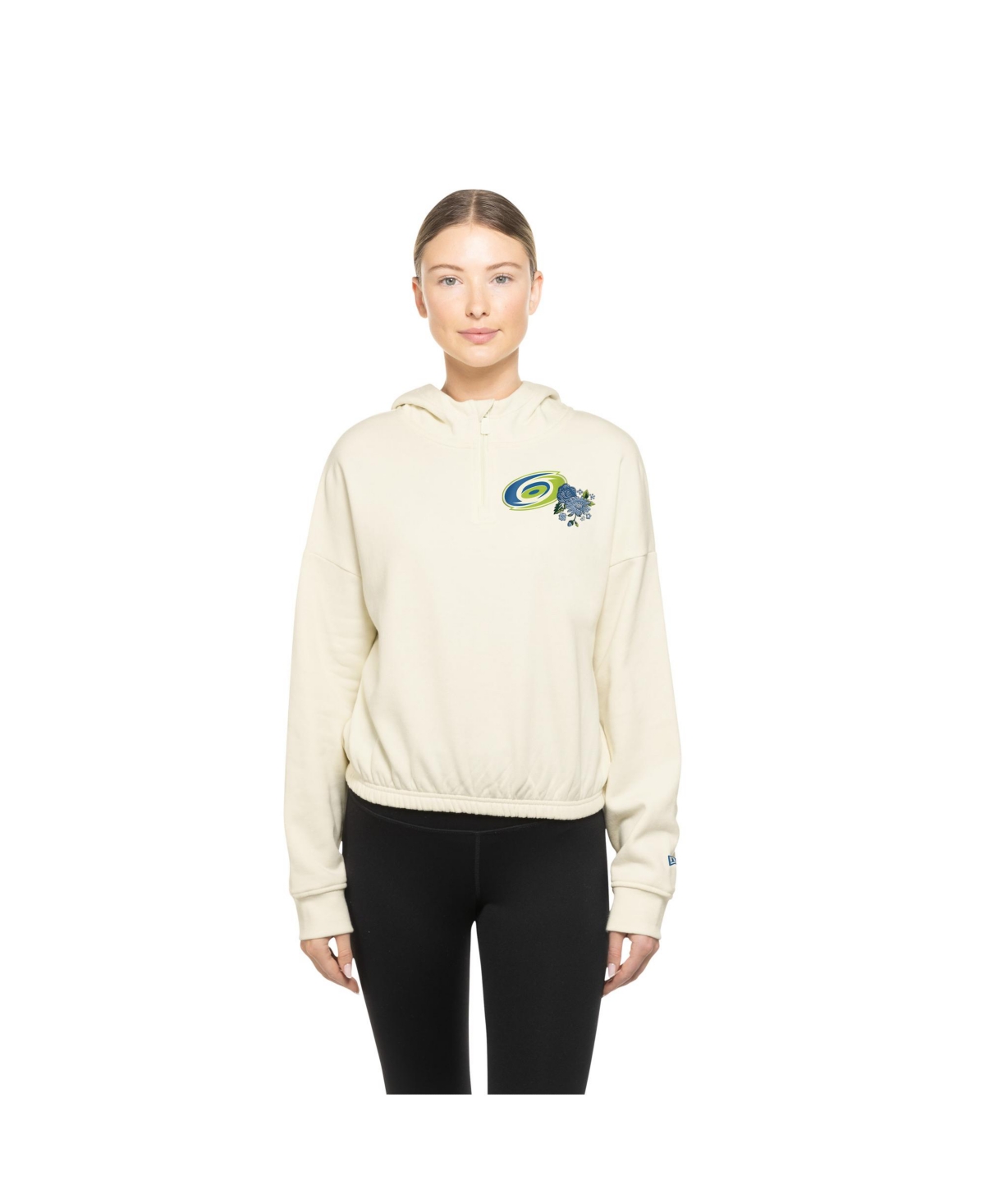 New Era Women's Cream Carolina Hurricanes Glam Game Quarter-zip Cropped Floral Hoodie Pullover Sweatshirt In Neutral