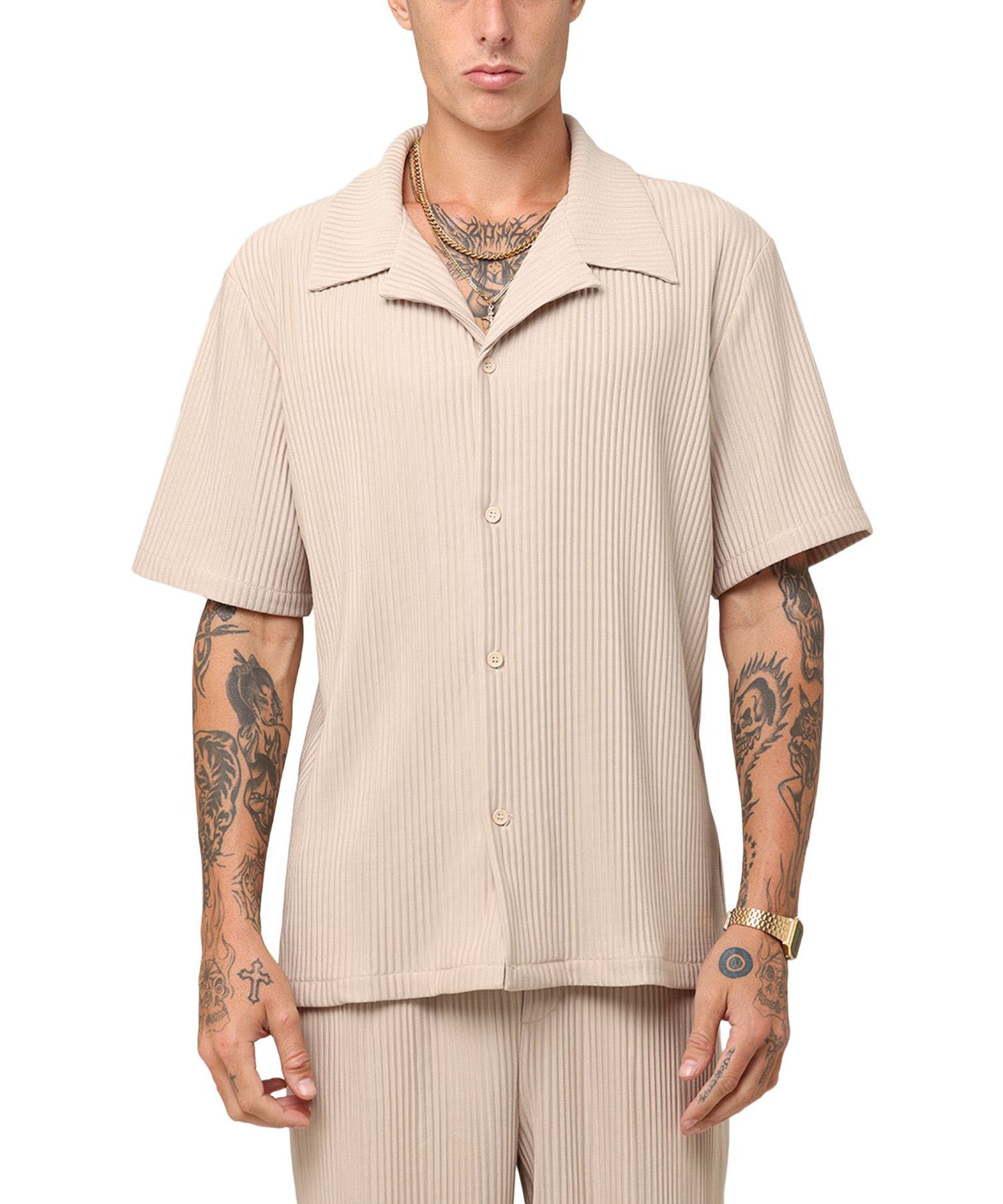 Men's Pleated Button Up Shirt - Tan L