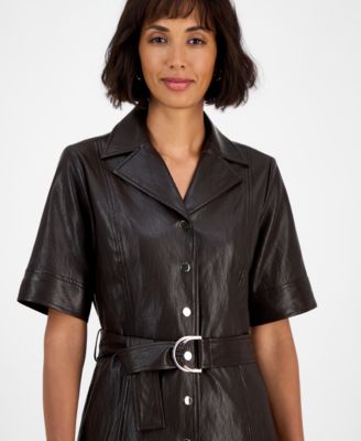 Women's Faux-Leather Belted Button-Front Dress