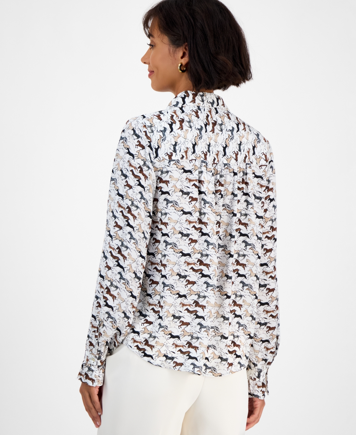 T Tahari Women's Horse-print Button-front Blouse In White