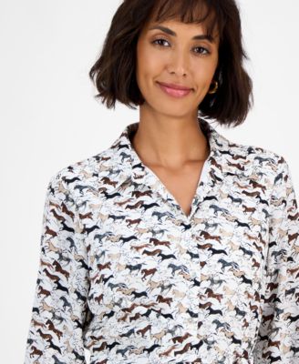 Women's Horse-Print Button-Front Long-Sleeve Dress