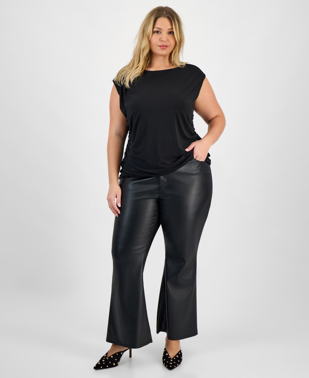 Inc International Concepts Plus Size Ruched Boat-neck Extended-sleeve Top, Macy's Exclusive In Black