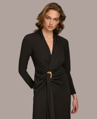 Women's Long Sleeve Front Slit Ruched Gown