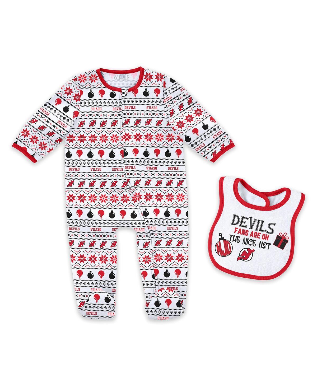 Wear By Erin Andrews Newborn New Jersey Devils Allover Print Full-zip Sleeper With Bib Christmas Set In Multi