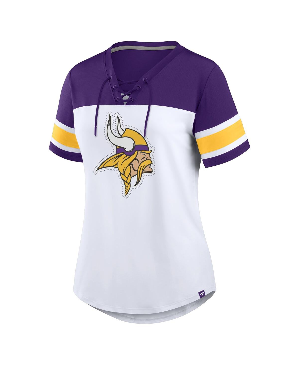 Fanatics Women's White/purple Minnesota Vikings Athena Rhinestone Lace-up V-neck T-shirt In Multi