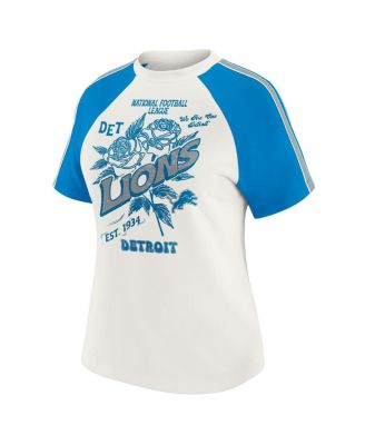 Women's White Detroit Lions Sleeve Stripe Distressed Raglan T-Shirt
