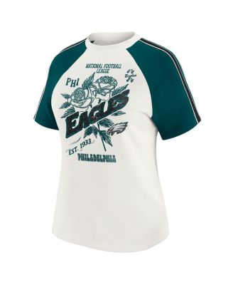 Women's White Philadelphia Eagles Sleeve Stripe Distressed Raglan T-Shirt