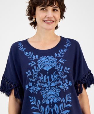 Women's Embroidered Fringe-Trim Poncho Top, Macy's Exclusive 