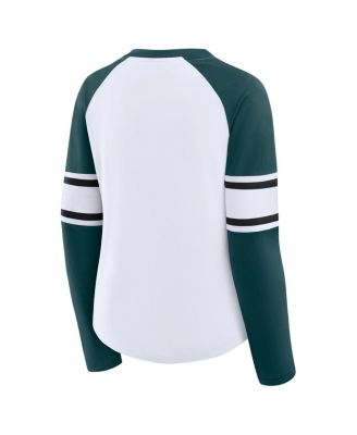 Women's White/Green Philadelphia Eagles Redzone Blitz Package Raglan Lace-Up V-Neck Long Sleeve T-Shirt