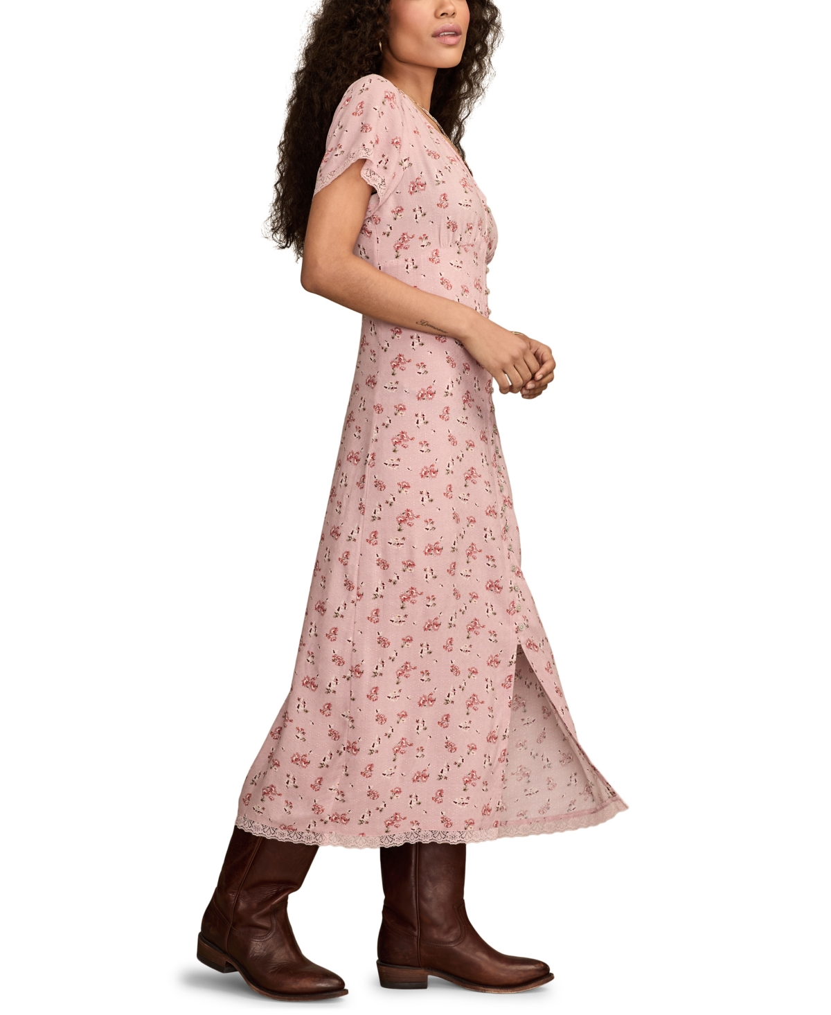 Lucky Brand Simone Floral Lace Trim Midi Dress In Multi