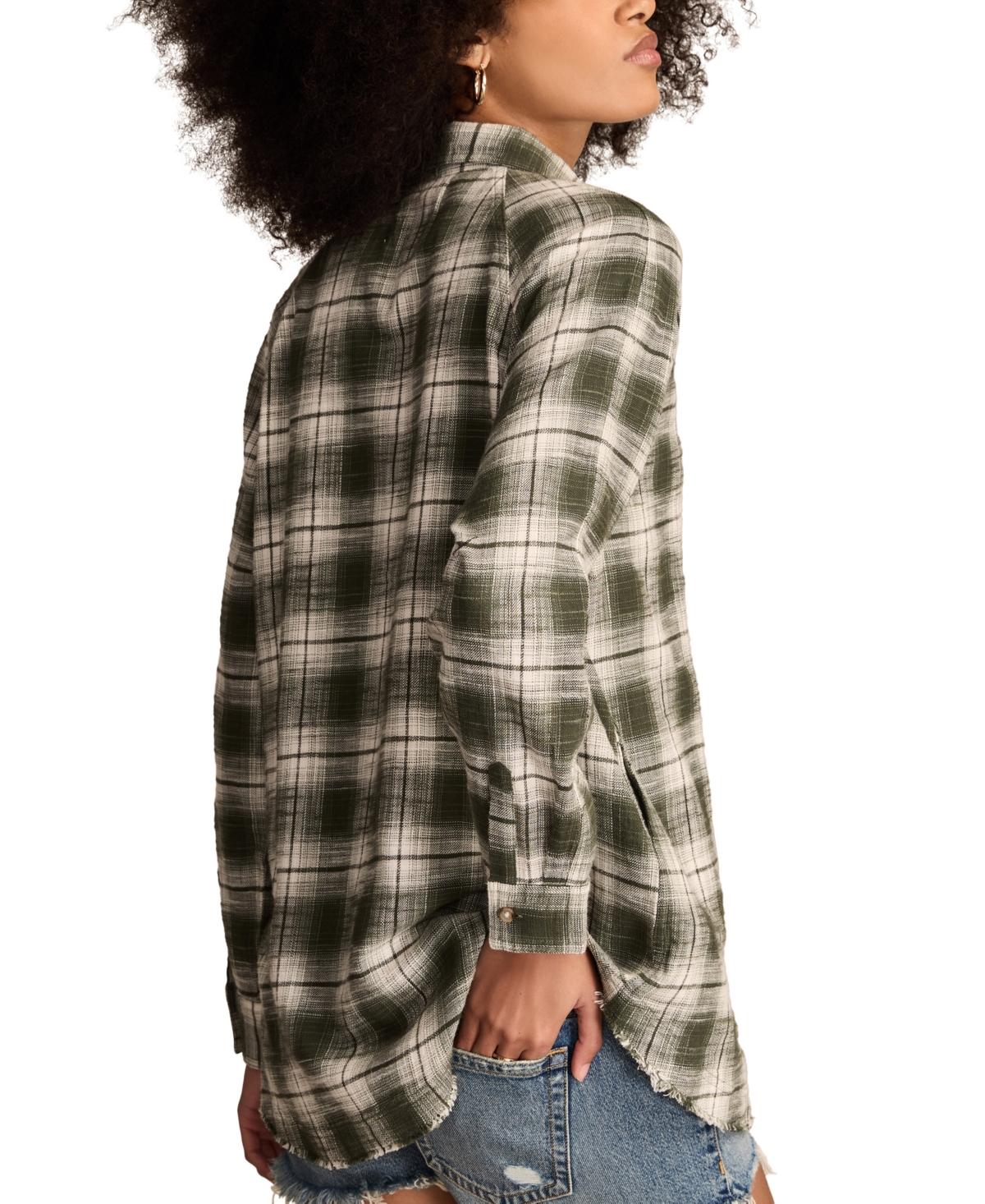 Lucky Brand Frayed Plaid Button-up Tunic Shirt In Green