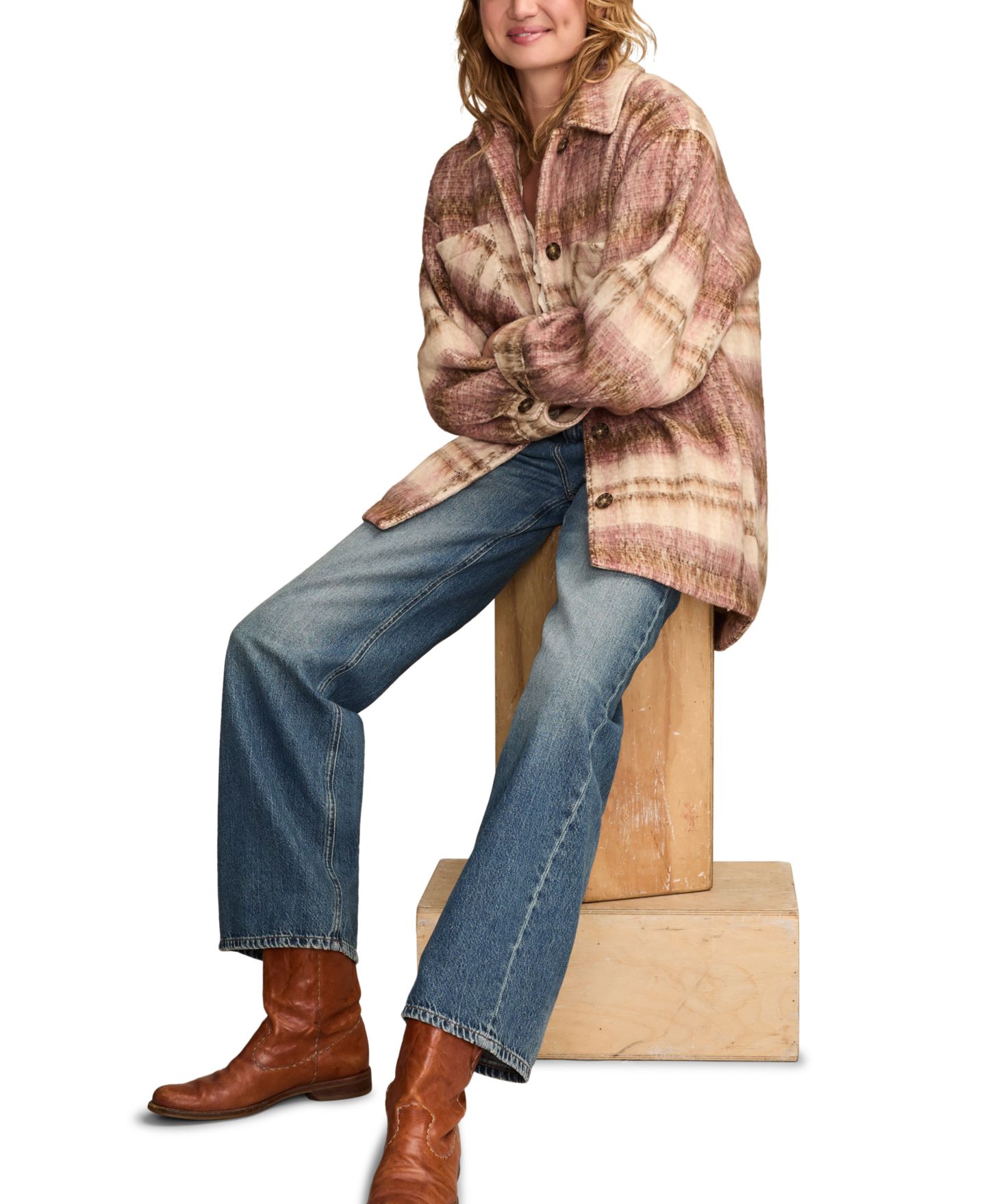 Женская куртка Lucky Brand Oversized Plaid Shirt Jacket, цвет: Розовый клетчатый — фото 3