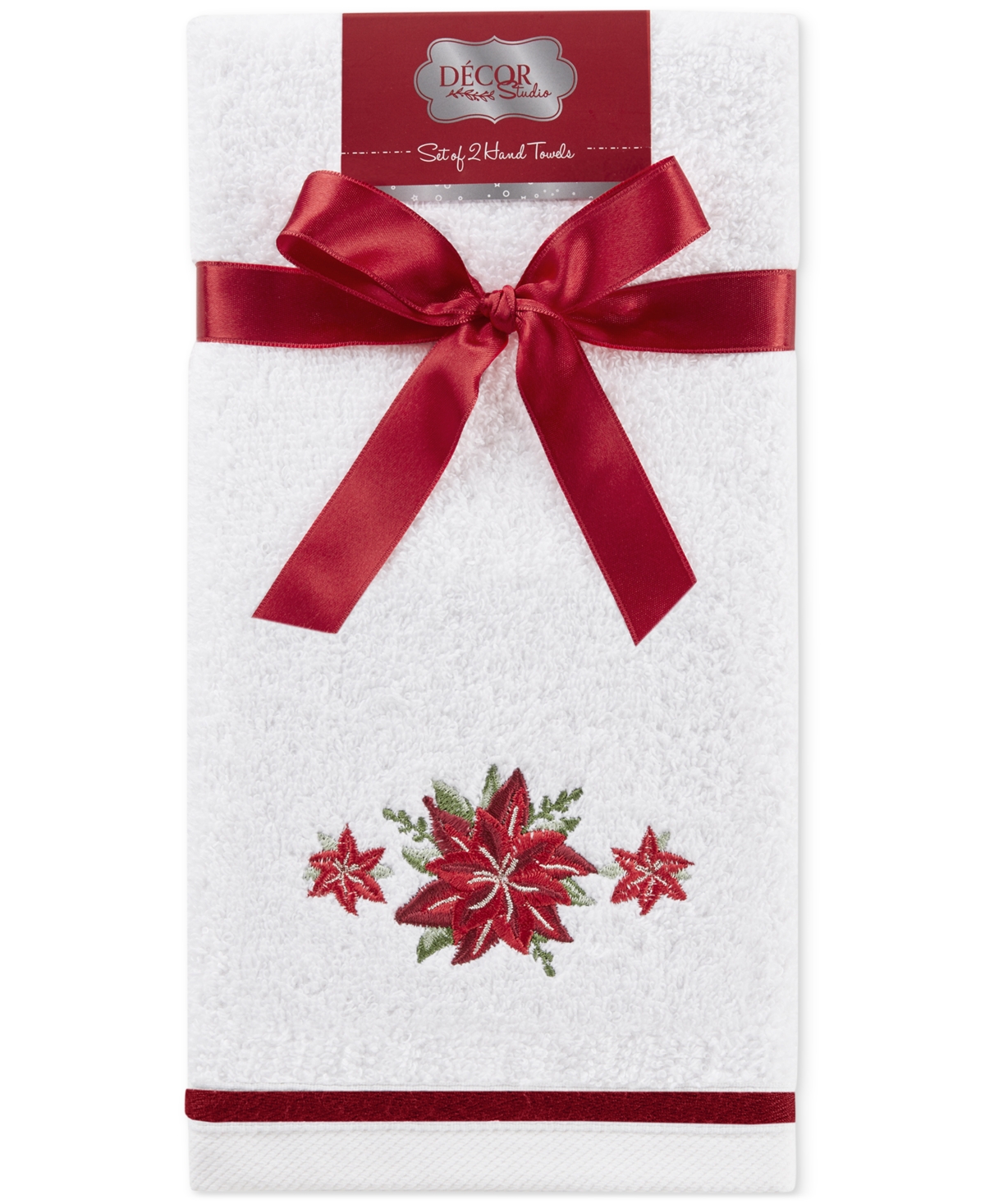 Decor Studio Holiday Poinsettias Turkish Cotton 2-pc. Hand Towel Set, 16" X 28" In White
