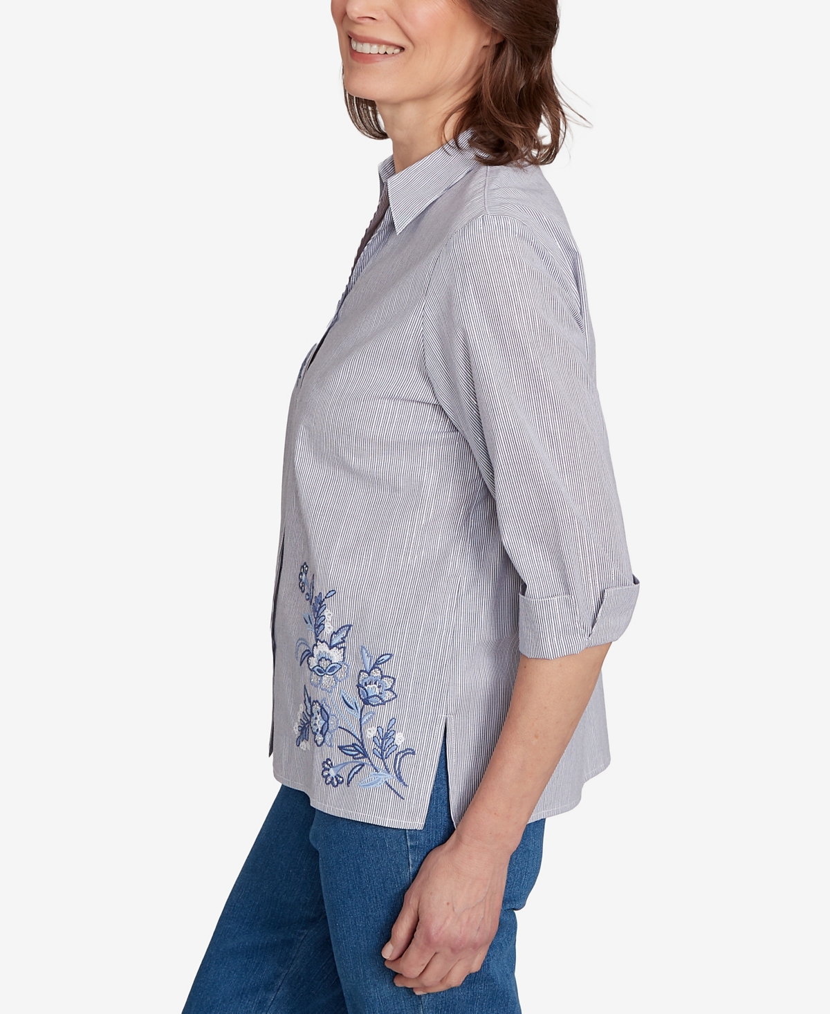 Alfred Dunner Women's Classic Diagonal Floral Metallic Stripe Button Front Top In Blue