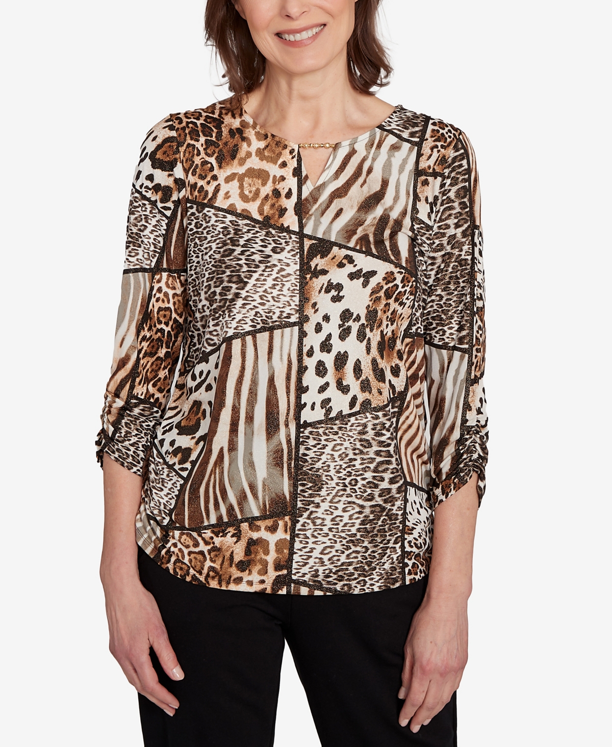 Alfred Dunner Women's Classic Puff Print Animal Color Block Top In Brown