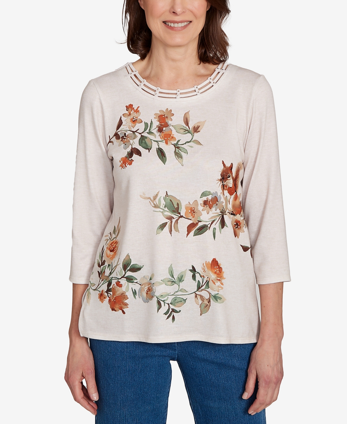 Alfred Dunner Women's Classic Floral Squirrel Harvest Top In Brown