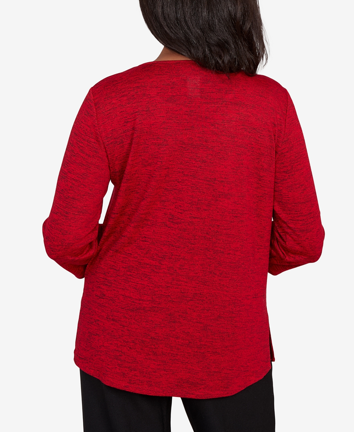 Alfred Dunner Women's Classic Melange Side Button Crew Neck Top With Necklace In Red